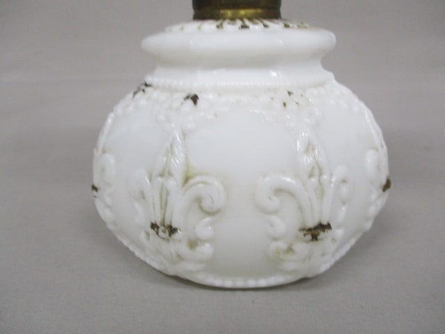 Antique Miniature GWTW Milk Glass Embossed Gilt Oil Lamp - 4