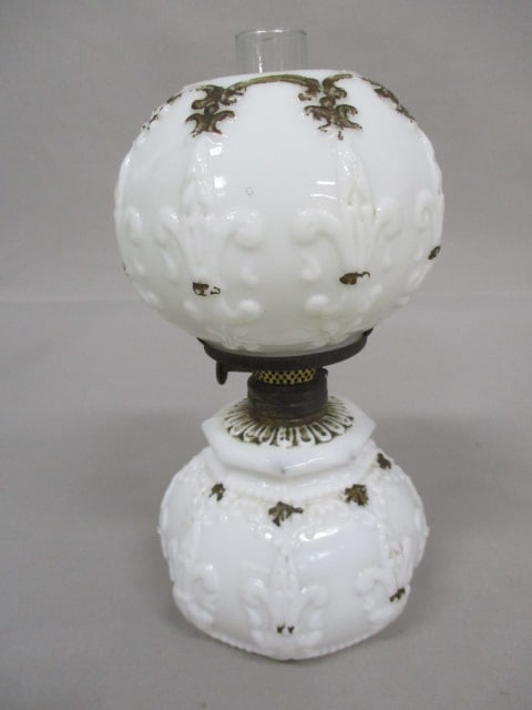 Antique Miniature GWTW Milk Glass Embossed Gilt Oil Lamp - 5