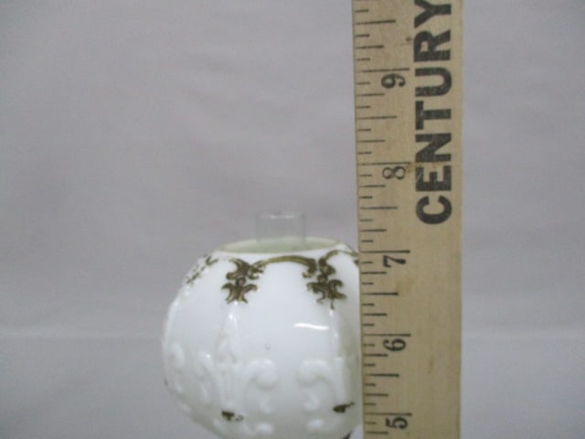 Antique Miniature GWTW Milk Glass Embossed Gilt Oil Lamp - 6