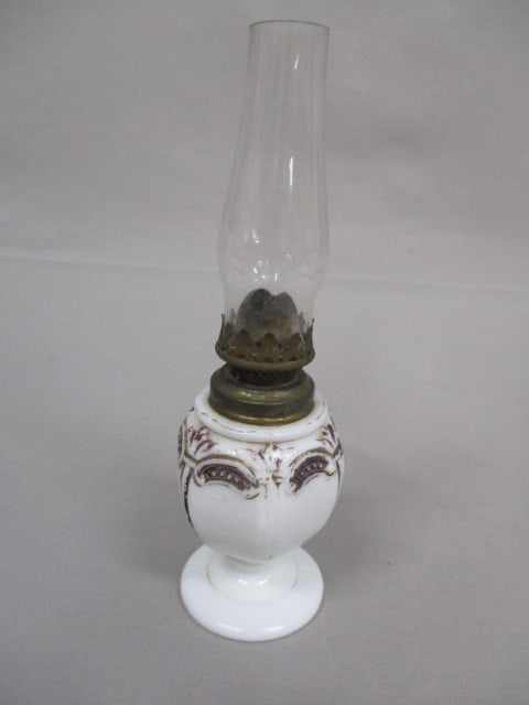Antique Miniature Milk Glass Embossed Gilt Oil Lamp 7.5": .