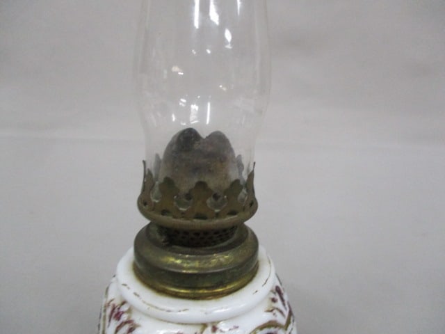 Antique Miniature Milk Glass Embossed Gilt Oil Lamp 7.5" - 2