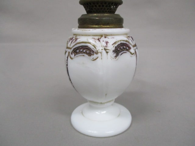 Antique Miniature Milk Glass Embossed Gilt Oil Lamp 7.5" - 3