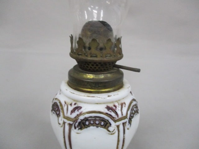 Antique Miniature Milk Glass Embossed Gilt Oil Lamp 7.5" - 4