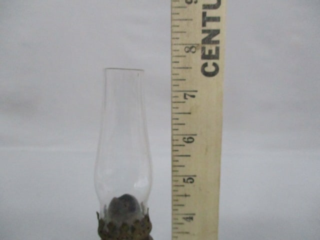 Antique Miniature Milk Glass Embossed Gilt Oil Lamp 7.5" - 5