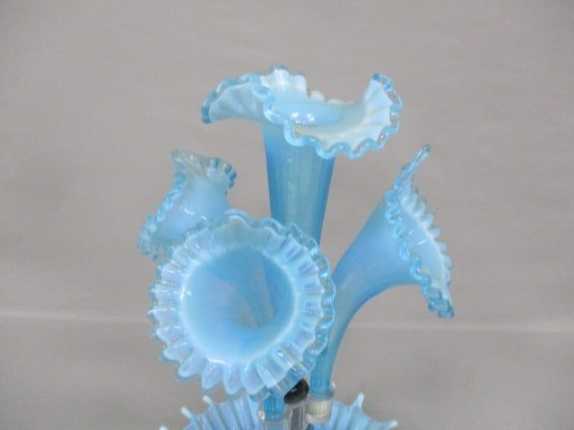 Vintage Fenton L.G. Wright Blue Opalescent 4 Horn Epergne 17" - 2