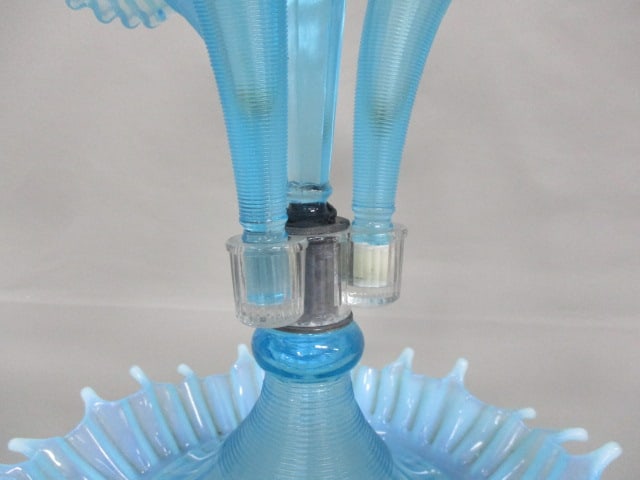 Vintage Fenton L.G. Wright Blue Opalescent 4 Horn Epergne 17" - 3