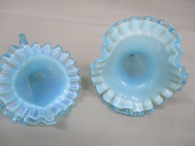 Vintage Fenton L.G. Wright Blue Opalescent 4 Horn Epergne 17" - 6