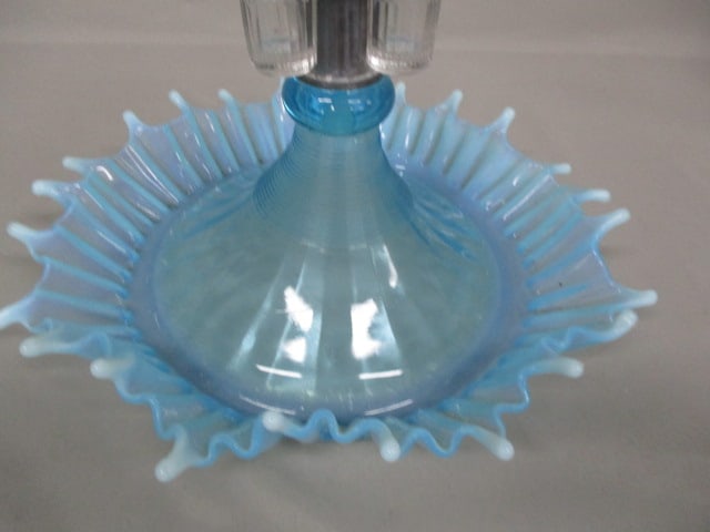 Vintage Fenton L.G. Wright Blue Opalescent 4 Horn Epergne 17" - 8
