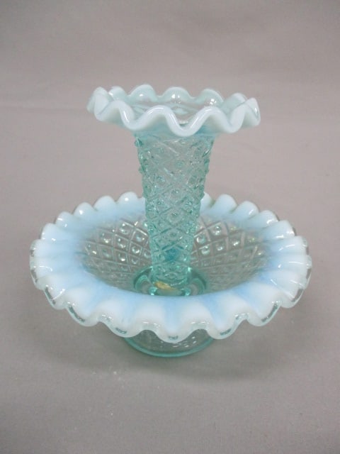 Vintage Fenton Miniature Diamond Lace Aqua Blue Single Horn Epergne: Has Original Label