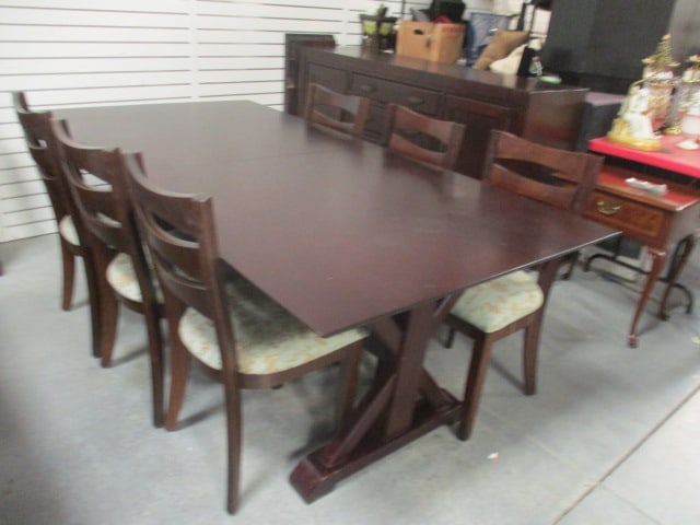 Berlin Woodworking American Hardwood Trestle Dining Table, Leaf and Six Side Chairs (1 of 6)