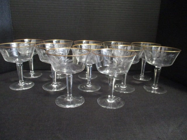 12 Lenox Crystal "Autumn" Tall Champagnes: 5 1/8"h, thin gold band