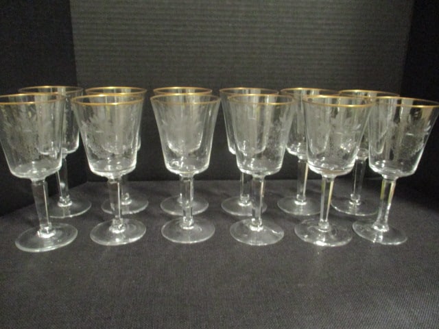 12 Lenox Crystal "Autumn" Water Goblets: 7 1/8"h, thin gold band