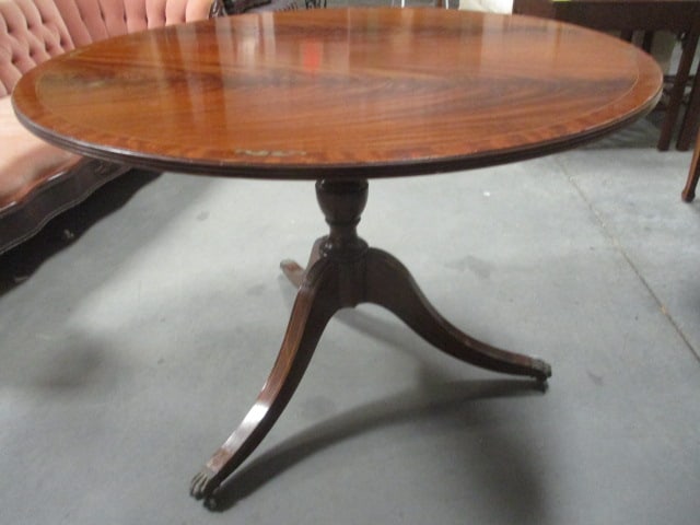 Regency Revival Flame Mahogany Round Tilt-Top Pedestal Table with Brass Lion Paw Casters (1 of 6)