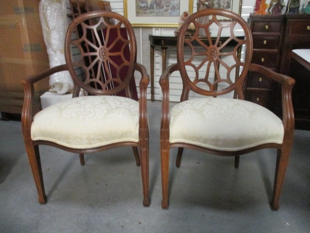 Pair of Hepplewhite Style Arm Chairs with Ivory Demask Seats (1 of 11)