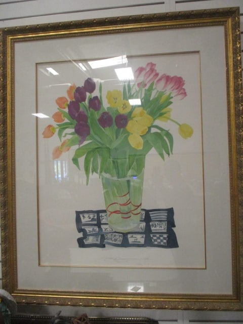 Gary Bukovnik Signed "Tulips in a Vase" 1995 Limited Edition Print of Watercolor: Pencil signed and number in lower center No. 91/200, Framed and matted 39" x 46", Local Pickup Suggested