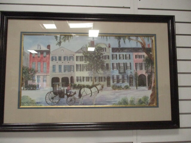 Signed Betty Schwark "Rainbow Row, Charleston, SC" Limited Edition Print: Printed Signature and title in lower left corner, Pencil signed in lower right corner, Limited Ed. No. 1118/2000, Framed and matted 38 1/2" x 25 1/4", Local Pickup Suggested