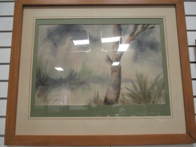 1970 Pamela S. Oplinger Signed "Carolina Low Country" Original Watercolor/Ink Painting: Framed and matted 30 1/2" x 25 1/4", signed in lower left corner, signed, dated and titled on back