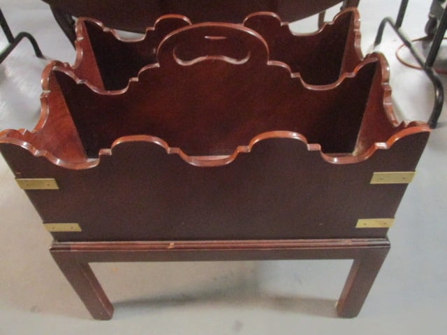 Baker Furniture Mahogany Magazine Rack with Brass Strap Accents: 21" x 15" x 21", some scuffs and nicks, Local Pickup Only
