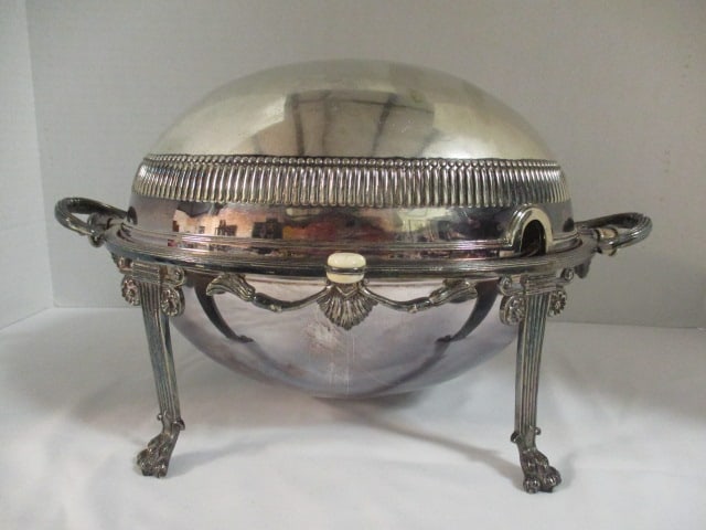 Vintage Neoclassical Walker & Hall Sheffield England Silverplated Roll Top Chafing Dish: 14"w handle to handle, has inserts