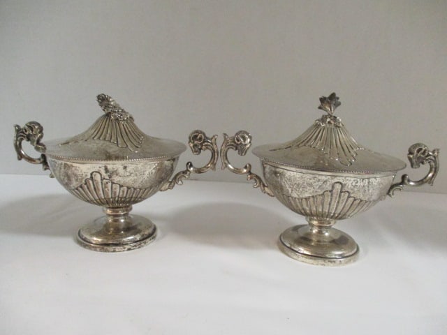 Two 800 German Silver Lidded Sugar Bowls with Flower Finials with Ram Head Handles (1 of 5)