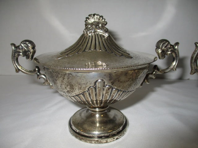 Two 800 German Silver Lidded Sugar Bowls with Flower Finials with Ram Head Handles - 2