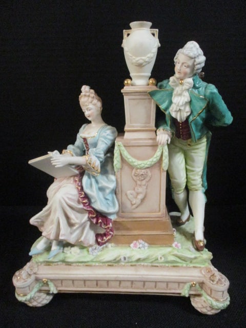 Vintage Meissen Porcelain Courting Couple Figural: 10 3/4"h, small chip on urn on top, see all pictures for bottom markings