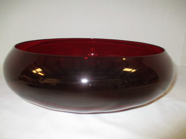 Hand Blown Ruby Red Console Bowl: 12"dia x 3 1/4"h, ground polished bottom