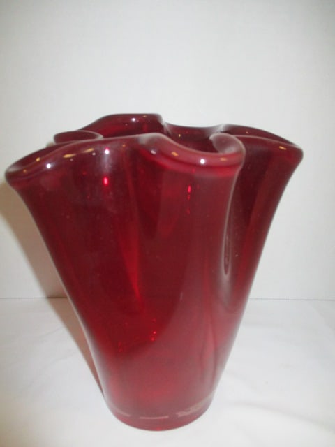 Hand Blown Ruby Red Polish Handkerchief Vase: 7 1/2"h