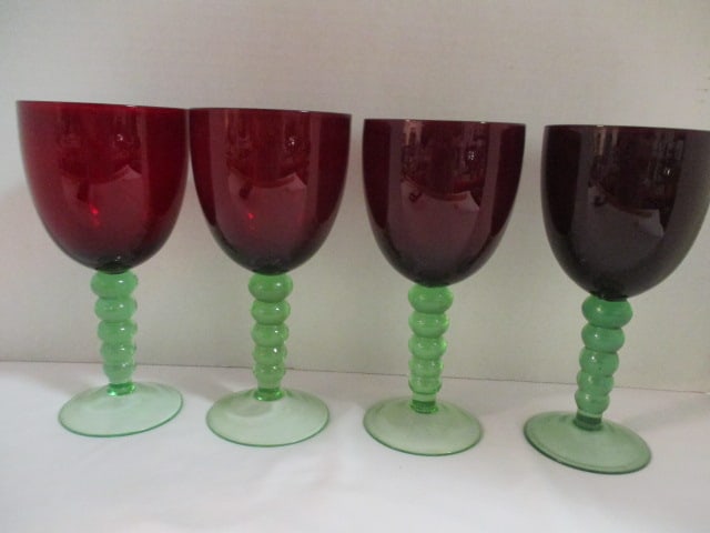 Four Hand Blown Ruby Red Wine Glasses with Stacked Green Bubble Stems (1 of 3)