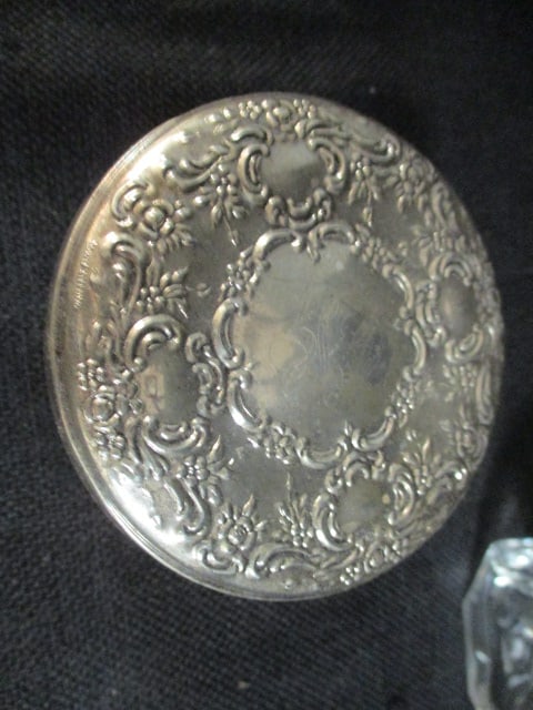 Weighted and Reinforced Sterling Mirror Top Vanity Powder Box and Crystal Perfume - 3
