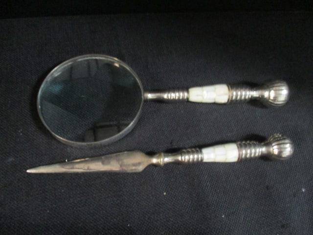 Silverplated and Bone Handle Letter Opener and Magnifying Glass: .