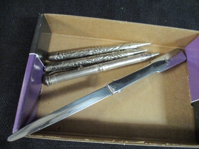 Silverplated Letter Opener and Three Silver Tone Ball Point Pens: .