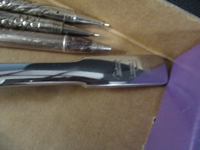 Silverplated Letter Opener and Three Silver Tone Ball Point Pens - 2