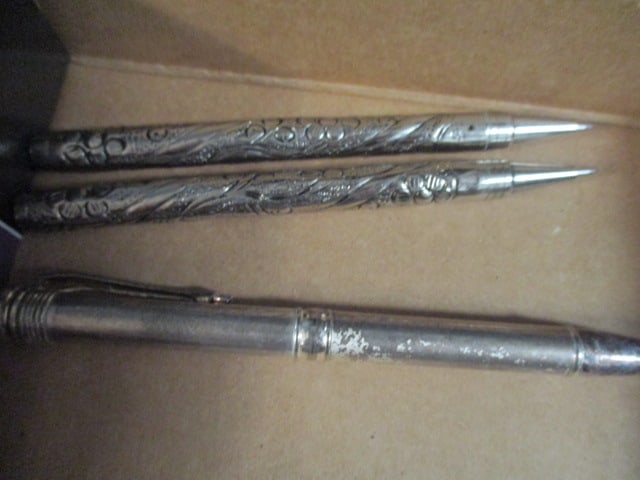 Silverplated Letter Opener and Three Silver Tone Ball Point Pens - 4
