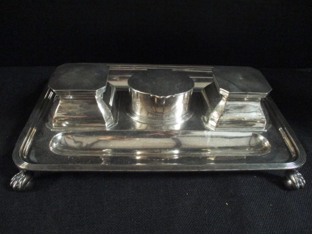 J.G. & S. Sterling Silver Ball & Claw Foot Inkwell Desk Set Tray: 31.58 troy ounces(not including glass ink inserts), 11 1/2" x 7 1/2" x 1 3/4", marked with walking lion passant and "h" in rectangle