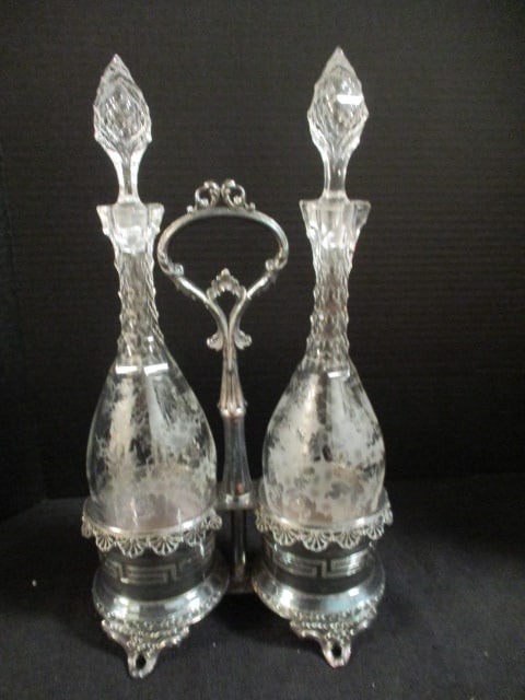 Rogers Smith & Co. "New Haven" Silverplated Sherry Set with Crystal Decanters: 16"h overall