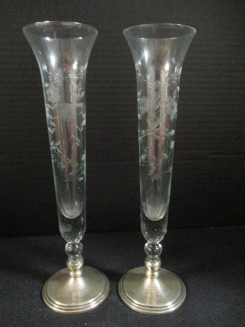 Pair of Sterling Silver Footed Etched Bud Vases: 11"h, one has chip on rim