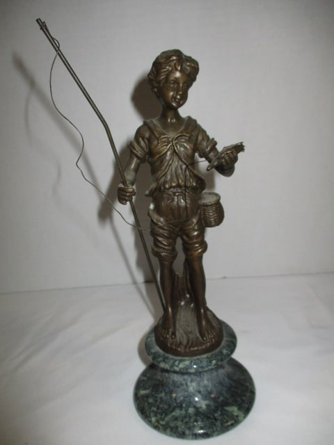 Auguste Moreau Bronze "The Young Fisherman" Table Top Reproduction Statue with Green Marble Base: 9 1/4"h