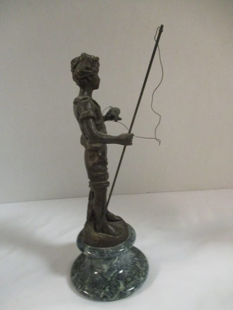 Auguste Moreau Bronze "The Young Fisherman" Table Top Reproduction Statue with Green Marble Base - 2