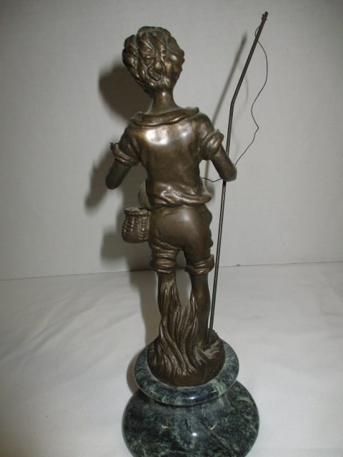 Auguste Moreau Bronze "The Young Fisherman" Table Top Reproduction Statue with Green Marble Base - 3
