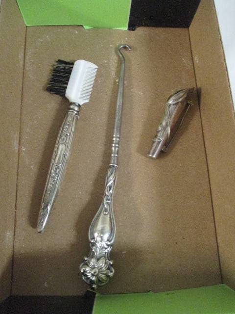 Sterling Silver Handle Eyelash Comb/Brush, Boot Hook and Sterling Tussie Mussie Holder: .