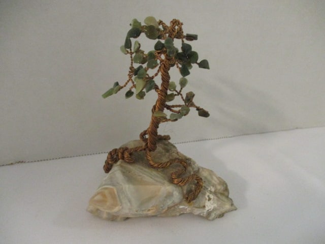 Small Braided Copper Wire Jade Tree on Stone Chunk: 4"h