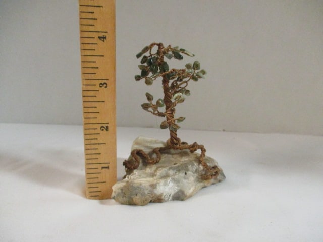 Small Braided Copper Wire Jade Tree on Stone Chunk - 4