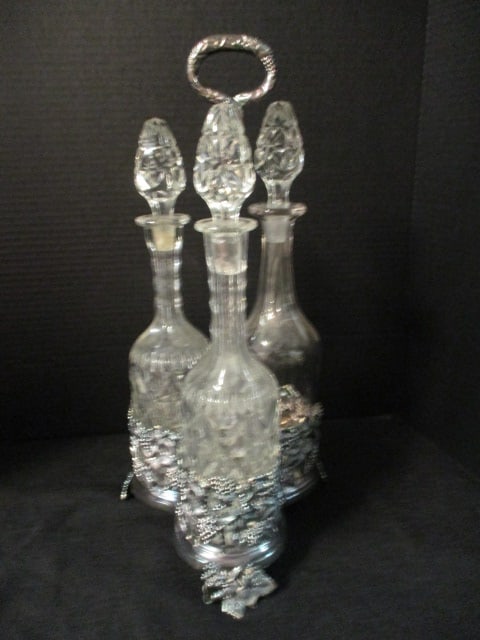 Silverplated Decanter Set: 18 1/2"h overall, some flea bites on stoppers