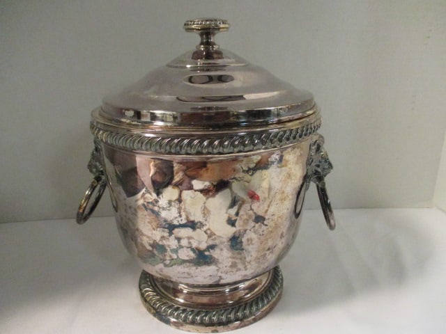 Heavy International Silver Co. Silverplated Ice Bucket with Lion Head Ring Handles: 9 1/2"h, glass liner