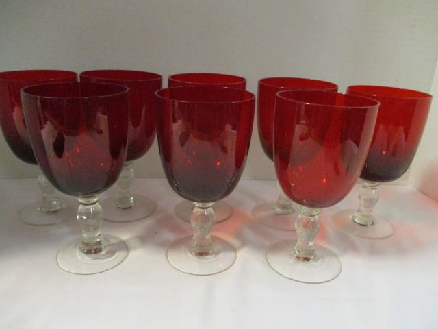 Eight Hand Blown Ruby Red Goblets with Clear Stems (1 of 5)