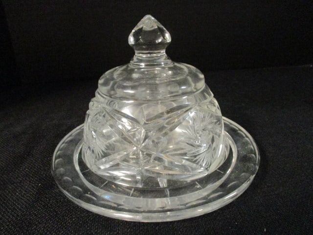Vintage Etched Crystal Butter Dish: 4 3/4"h, few flea bites