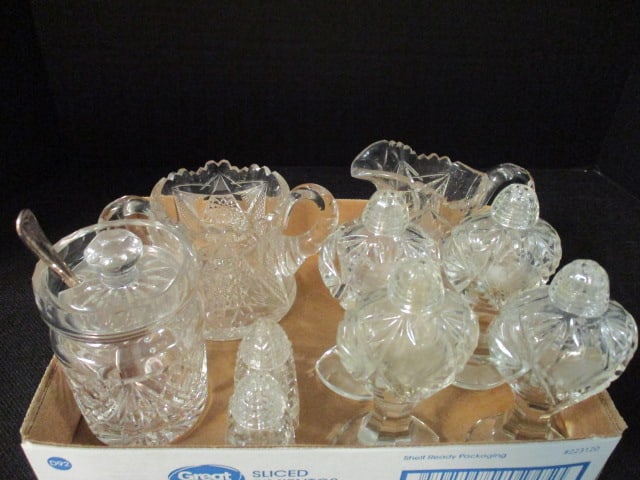Grouping of Nice Crystal Creamer & Sugar Set, Shakers and Jam Jar: .