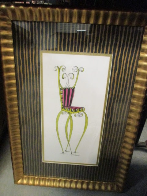 Framed and Matted Whimsical "Mandy" Chair Lithograph by Jennifer Goldberger: 18" x 26", Local Pickup Suggested