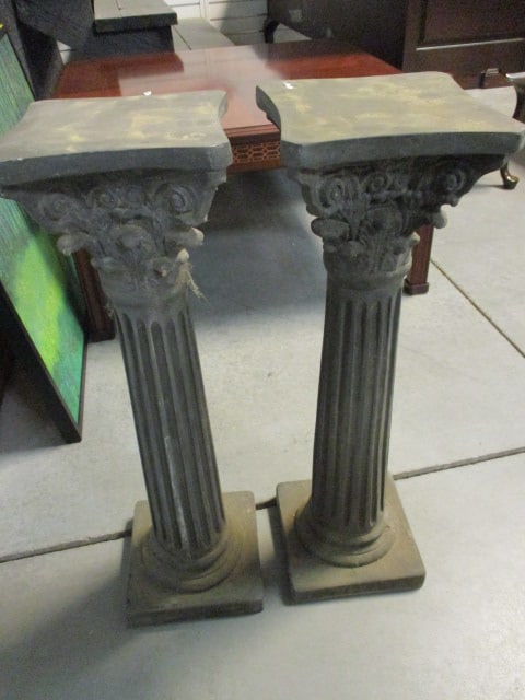 Pair of Plaster Ionic Column Pedestal Stands: 8" x 8 1/4" x 27 1/4", few tiny chips on edges, Local Pickup Only